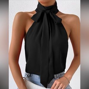 Classic Tie Neck Halter Tank Top Blouse Shirt Black